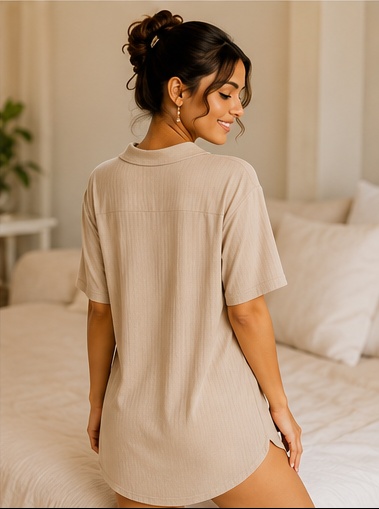 Women’s Beige Button Front Short Sleeve Sleep T-Shirt Nightwear